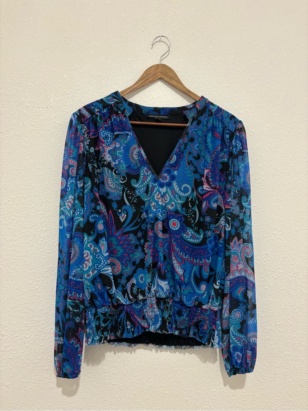 Boston Proper Blue Teal Paisley V-Neck Long Sleeve Blouse